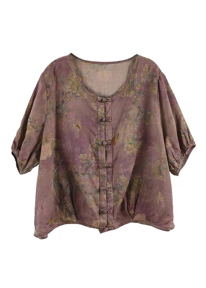Handmade Coffee O-neck Print Button Ramie Shirts Short Sleeve