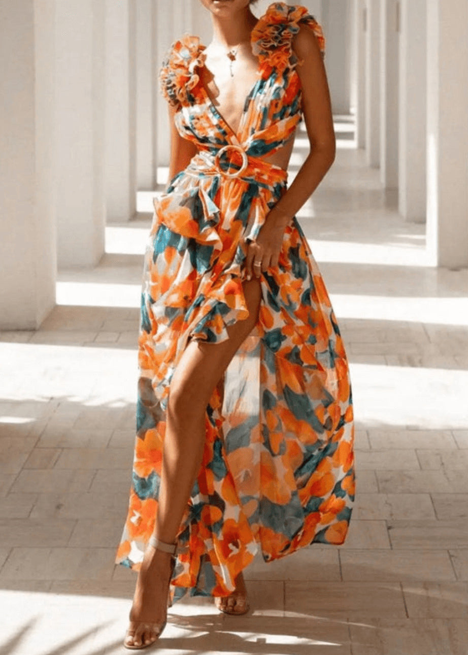 Pink Ruffled Print Lace Up Cotton Maxi Dress Sleeveless