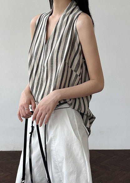 Black V Neck Striped Cotton Top Sleeveless