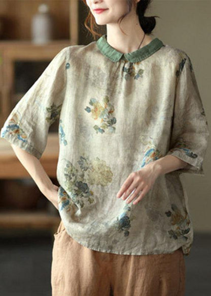 Diy Orange Print4 Ramie Half Sleeve Shirt Summer