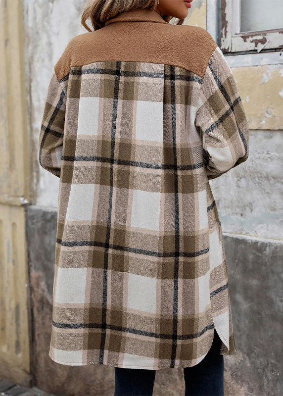 Coffee Peter Pan Collar Pockets Plaid Woolen Shirts Coat Winter