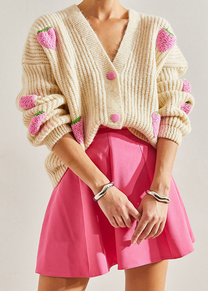 Beige V Neck Hook Flower Knit Cardigan Fall