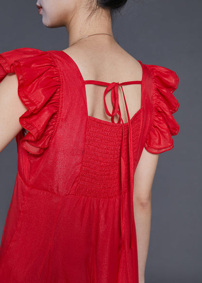 Red Exra Large Hem Chiffon Long Dress Butterfly Sleeve