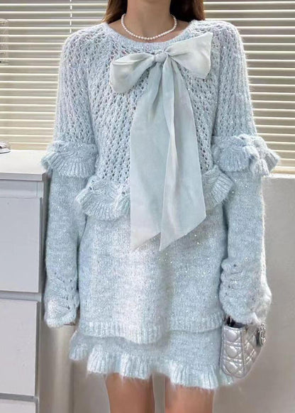 Sky Blue Ruffles Hollow Out Knit Two Piece Suit Set Fall