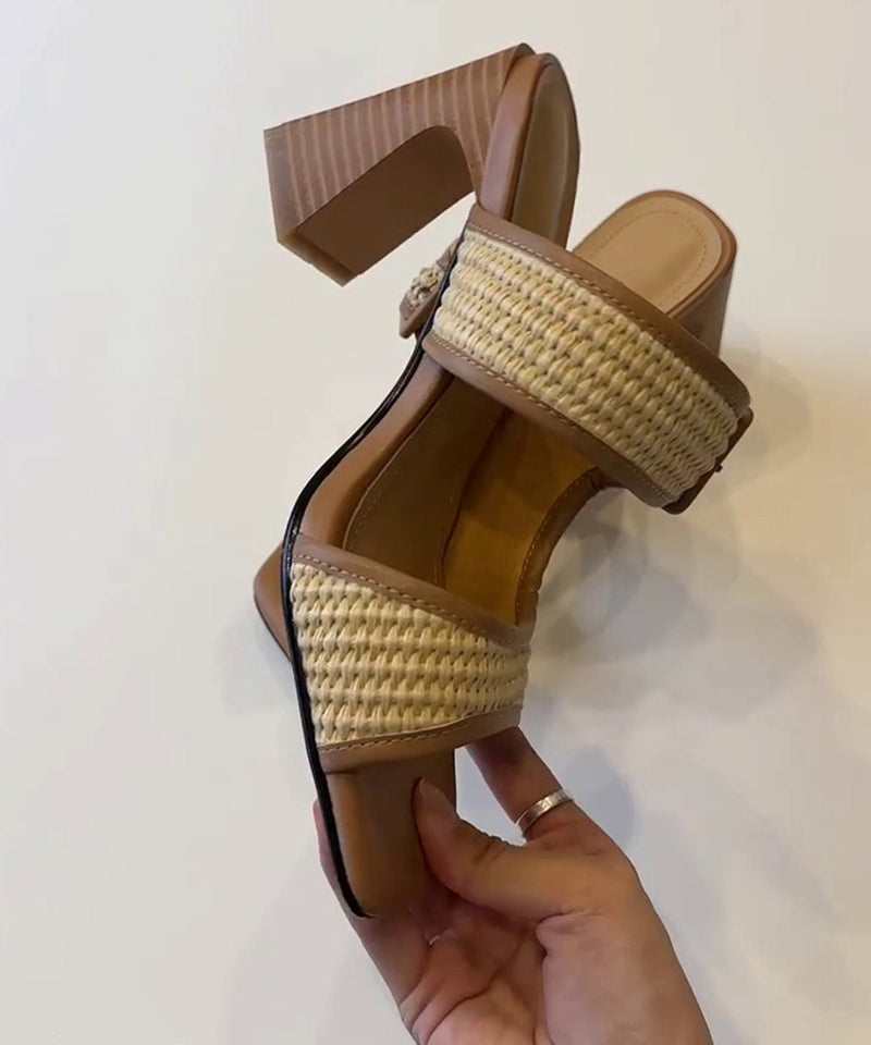 Splicing Chunky Heel Brown Faux Leather Slide Sandals