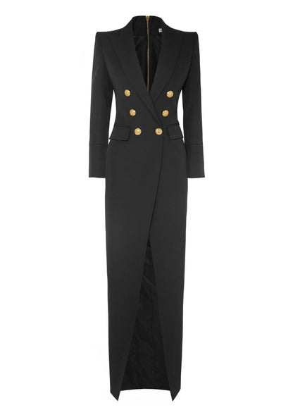 Stylish Black Peter Pan Collar Button Long Suit Coat Fall