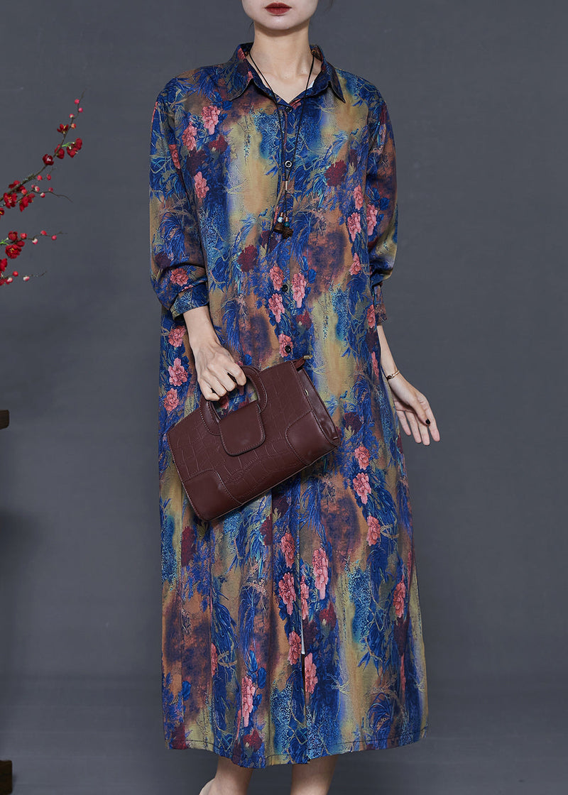 Blue Peter Pan Collar Tie Dye Silk Shirt Dress Summer