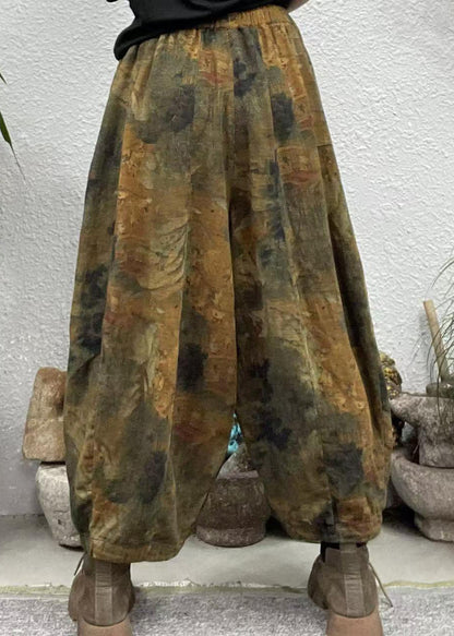 Yellow Pockets Print Elastic Waist Cotton Crop Pants Spring