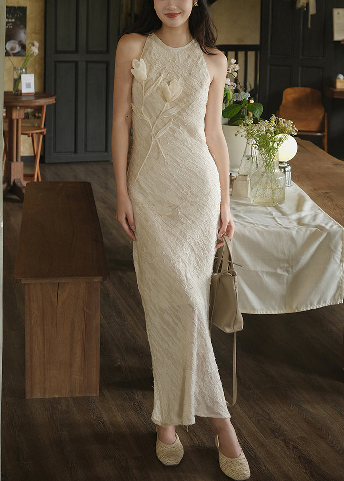 Beige O-neck Side Open Silk Long Dresses Sleeveless