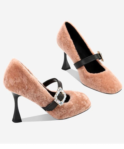 Splicing Stiletto High Heels Pink Faux Fur