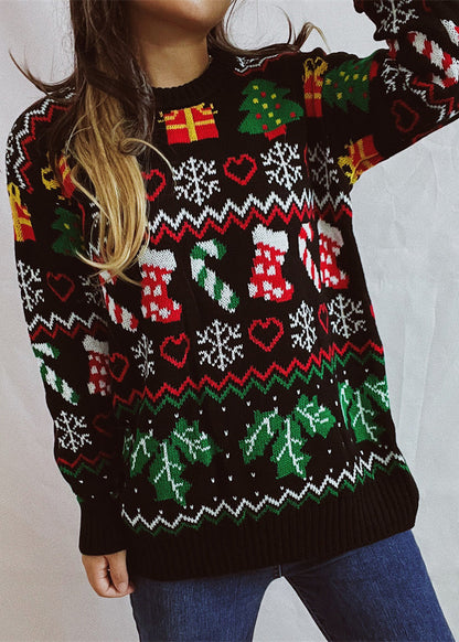 Loose Black O Neck Jacquard Christmas Knit Sweaters Winter
