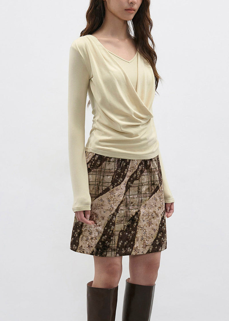 French Light Yellow Draped Neckline Fake Two Long Sleeved T-shirt Top