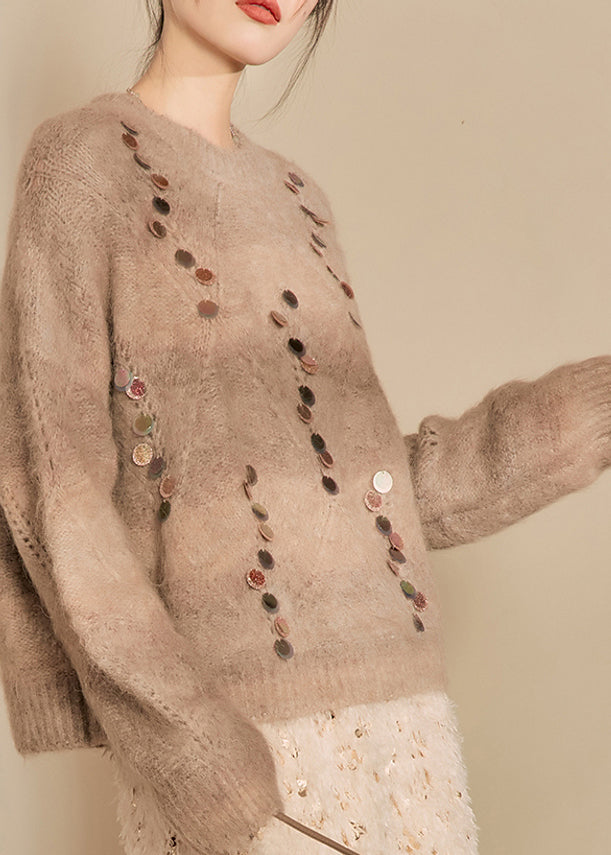 Camel O-neck Sequins Thick Cotton Knit Sweater Winter