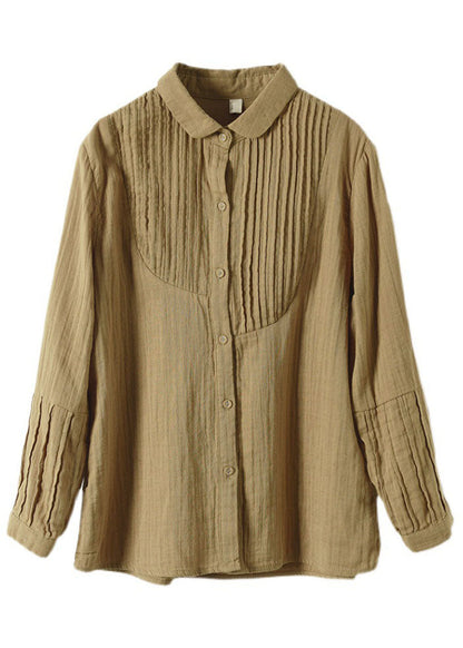 Khaki Peter Pan Collar Wrinkled Cotton Shirt Spring
