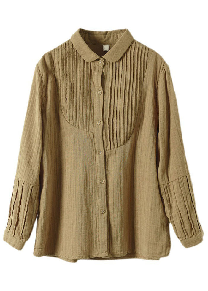 Khaki Peter Pan Collar Wrinkled Cotton Shirt Spring