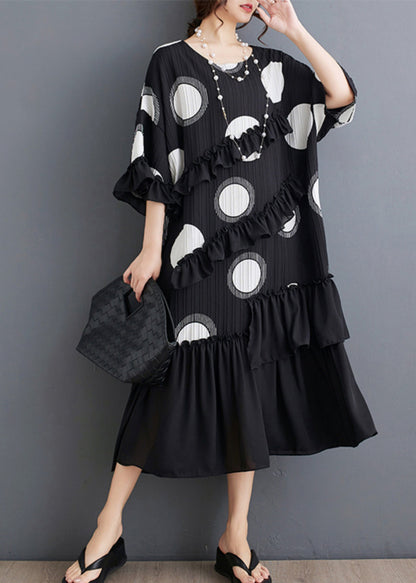 Black O Neck Ruffled Patchwork Chiffon Dress Summer
