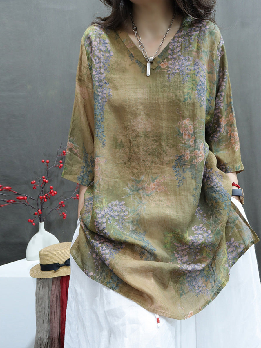 Summer Flower V-neck Ramie Long Shirt