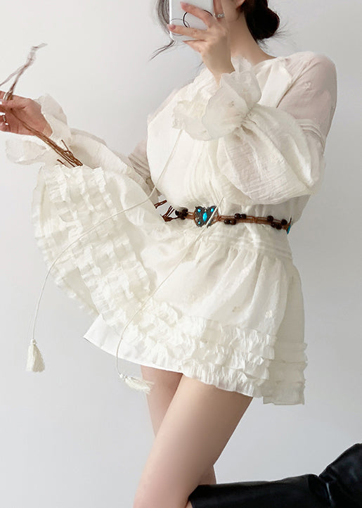 Beige Ruffled Lace Up Cotton Mini Dress Fall
