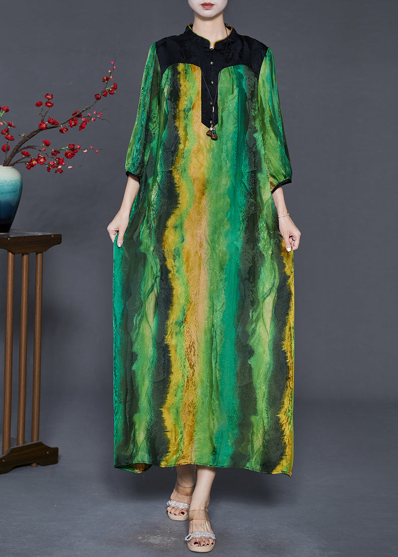 Green Mandarin Collar Tie Dye Silk Vacation Dresses Bracelet Sleeve