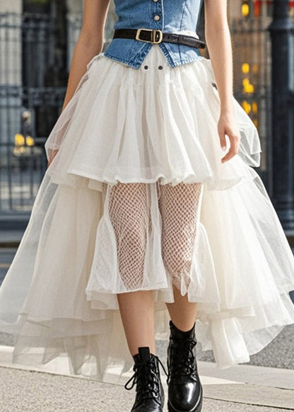 Classy White Asymmetrical Layered Tulle a Line Skirts Spring