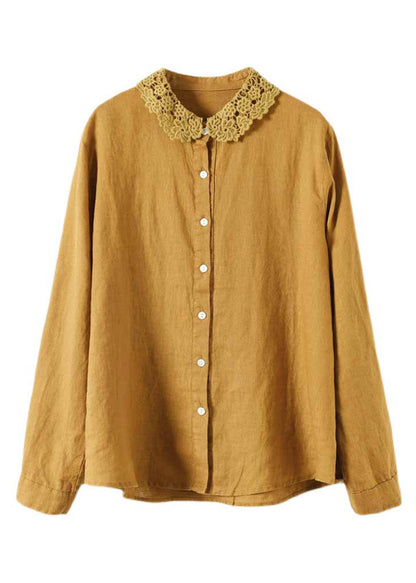 Style Yellow Peter Pan Collar Embroidered Linen Shirts Long Sleeve