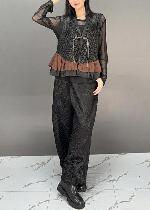 Brown V Neck Tassel Ruffled Cotton Vest Fall