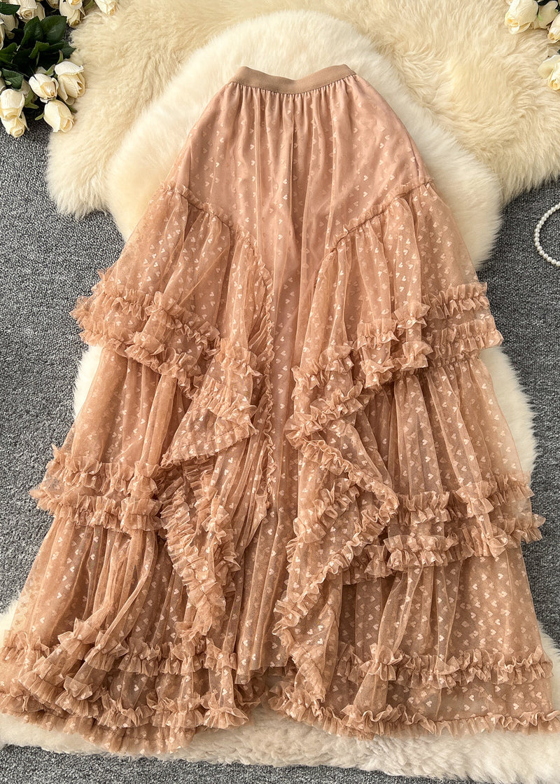 Pink Asymmetrical Ruffled Tulle Skirt Spring