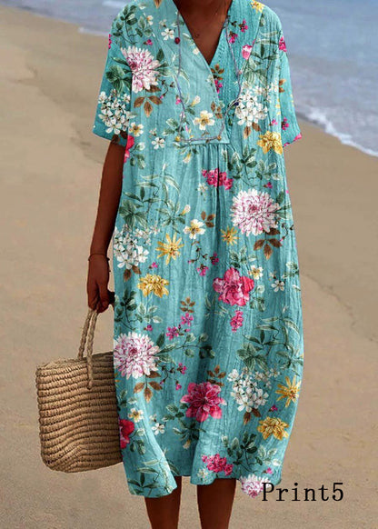 V Neck Print Loose Cotton Dress Summer