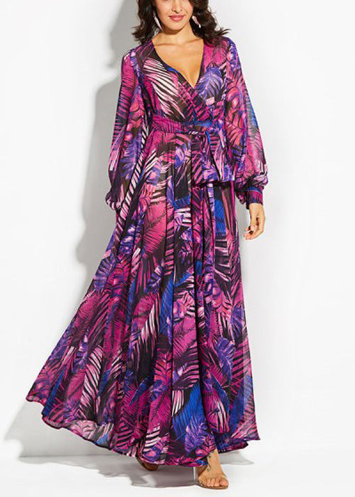 Green V Neck Print Lace Up Cotton Maxi Dresses Spring