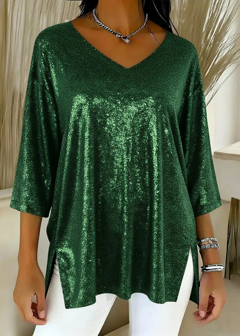 French Blue V Neck Side Open Polyester Blouse Tops Spring