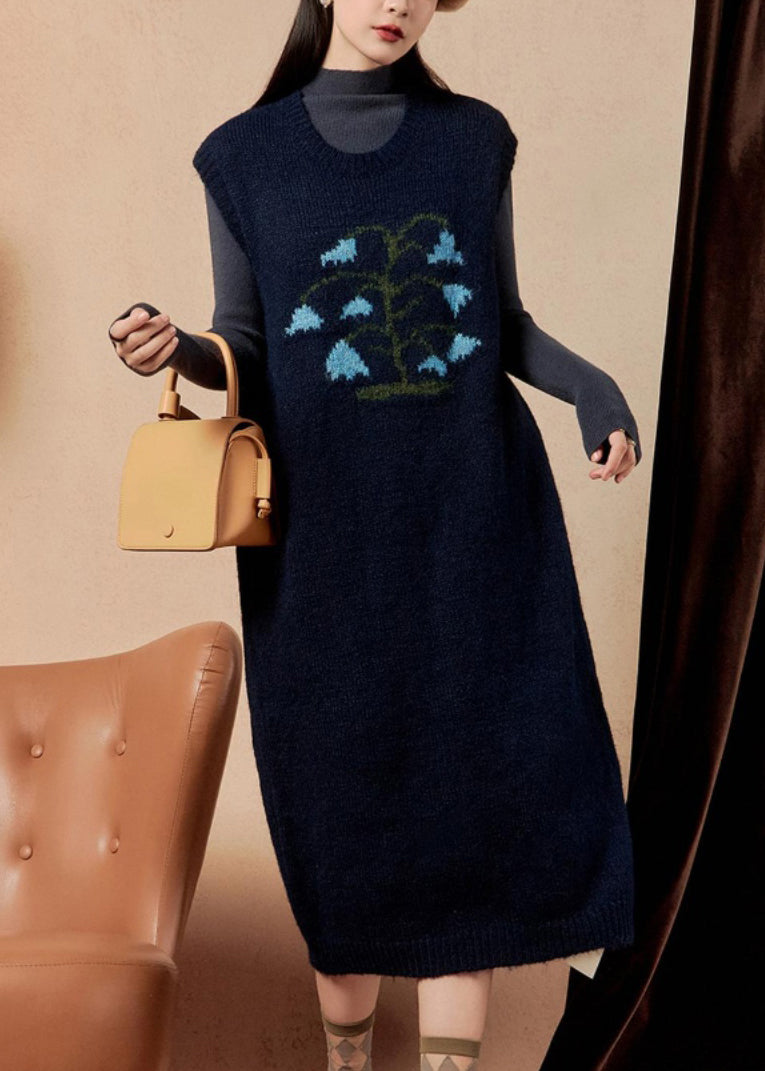 Navy Embroidered Cozy Knit Dress Sleeveless