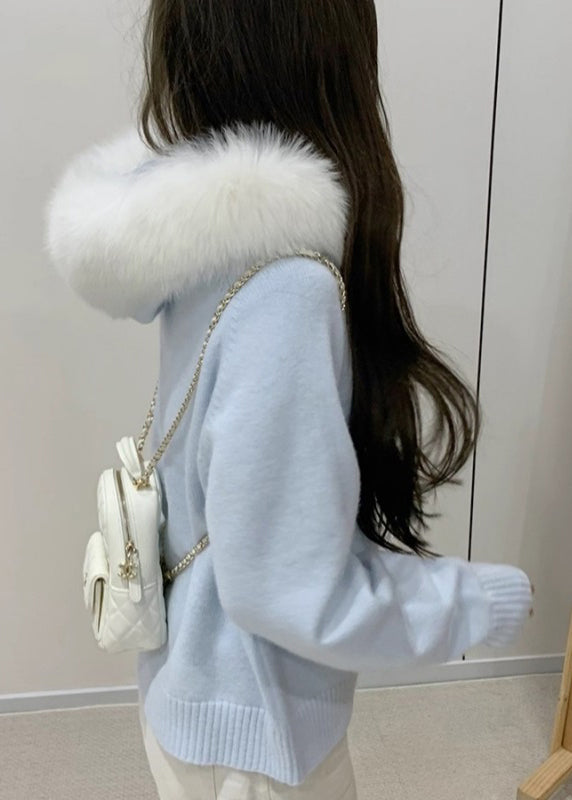 Blue Fur Collar Zippered Knit Coats Winter