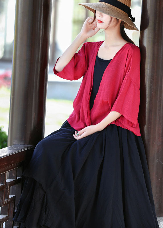 Red Cotton Upf 50+ Cardigans Three Quarter Sleeve