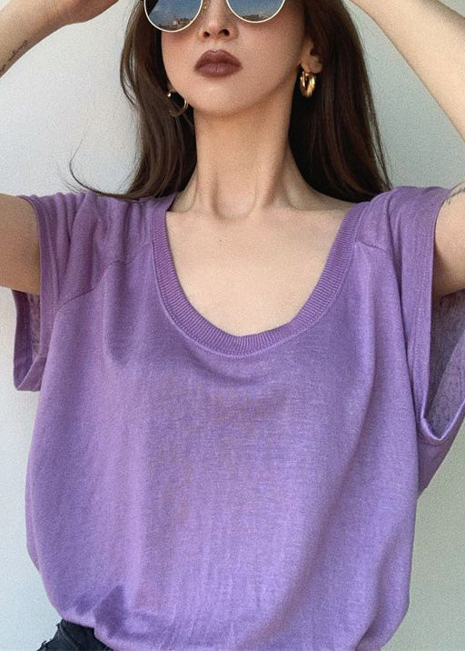 Loose Purple U Neck Cotton T Shirts Summer