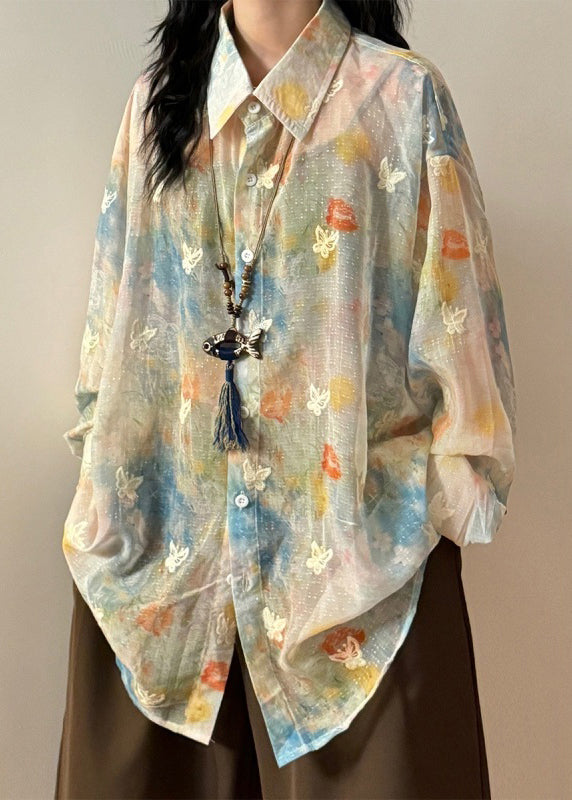 Rainbow Peter Pan Collar Butterfly Button Cotton Shirts Spring