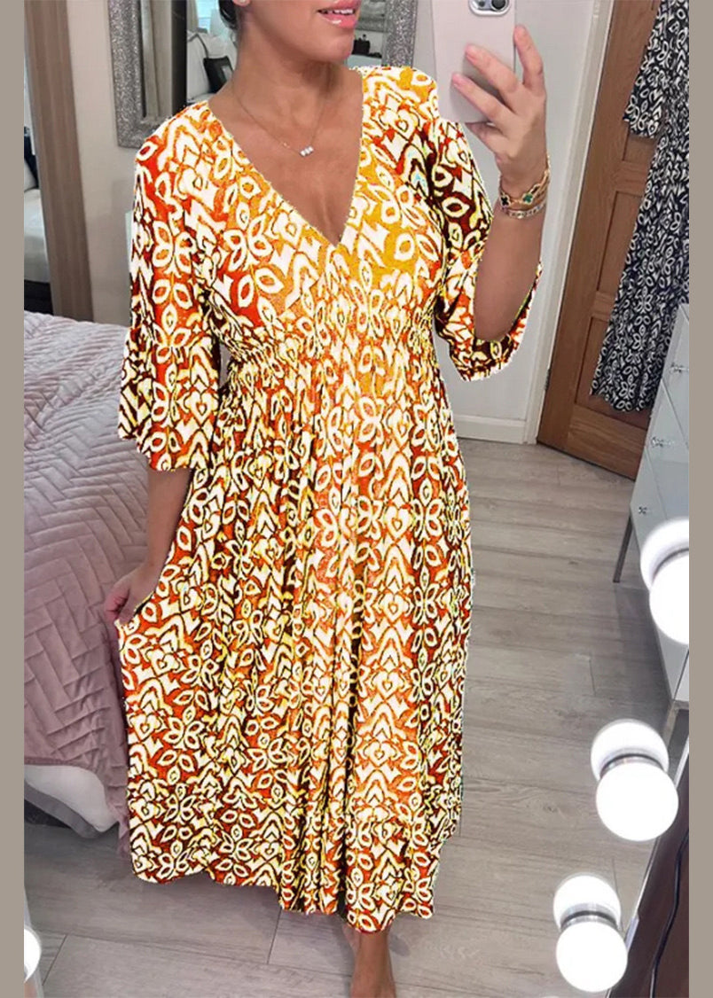 Red V Neck Print Cotton Dresses Summer