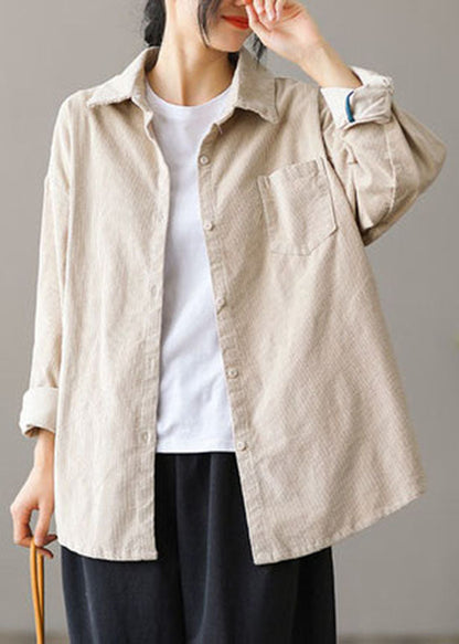 Tibetan Blue Pocket Button Peter Pan Collar Corduroy Blouse Tops Long Sleeve