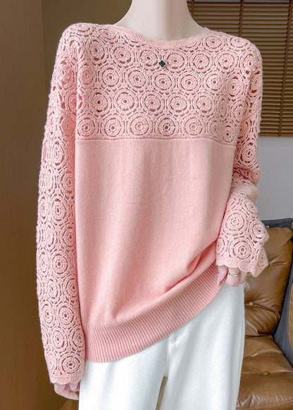 Beige Hollow Out Wool Knit Sweater Winter