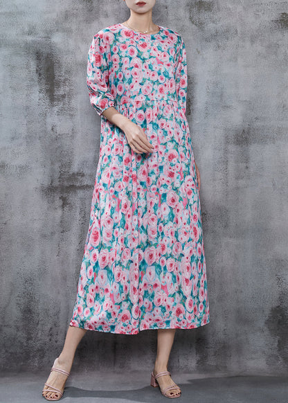 French Pink Print Cotton Long Dress Summer