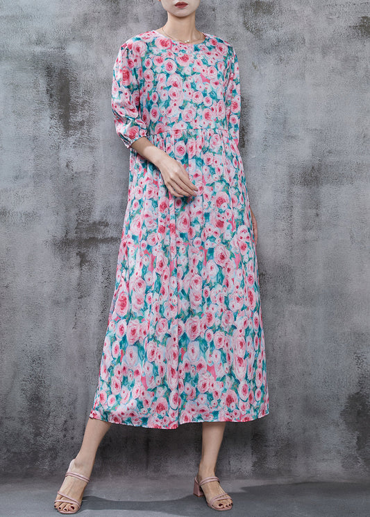 French Pink Print Cotton Long Dress Summer