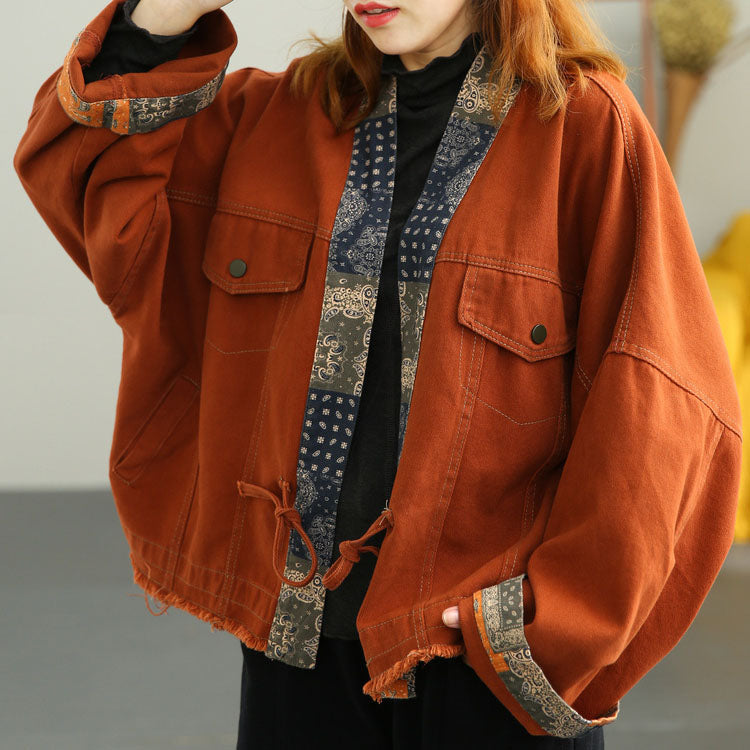Orange Retro Patchwork Loose Fall Coat