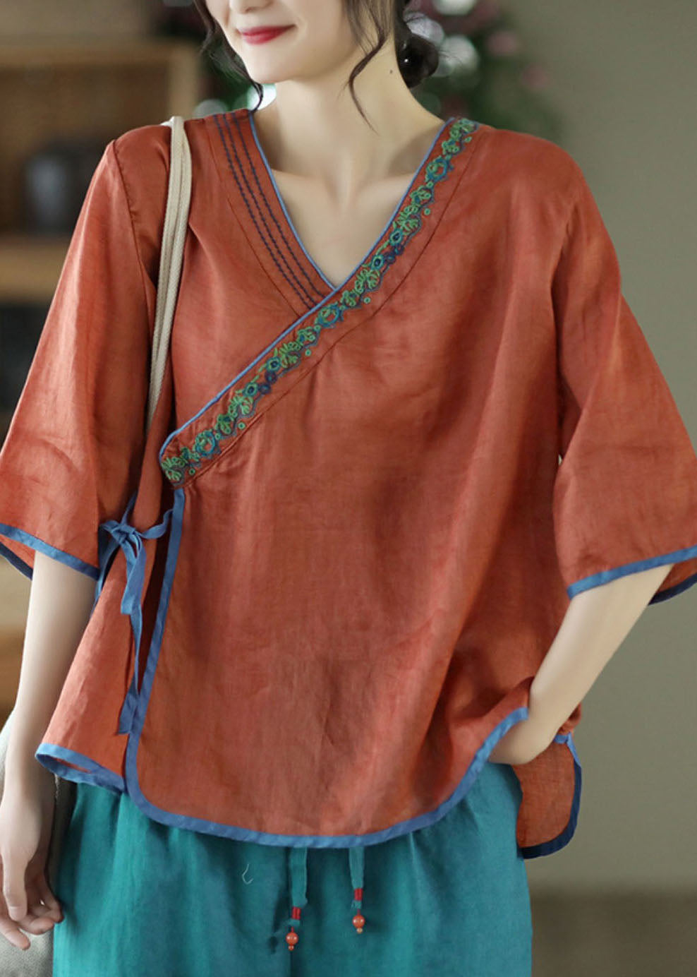 Handmade Caramel V Neck Embroidered Tie Waist Linen Top Half Sleeve