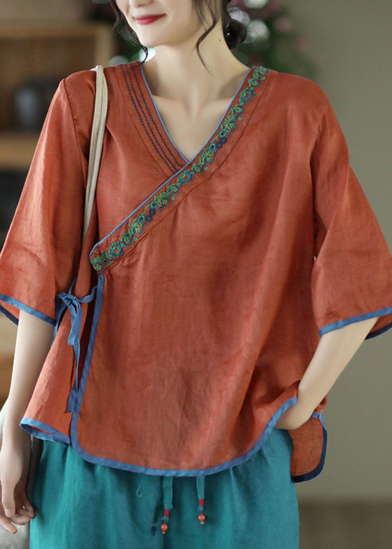 Handmade Caramel V Neck Embroidered Tie Waist Linen Top Half Sleeve