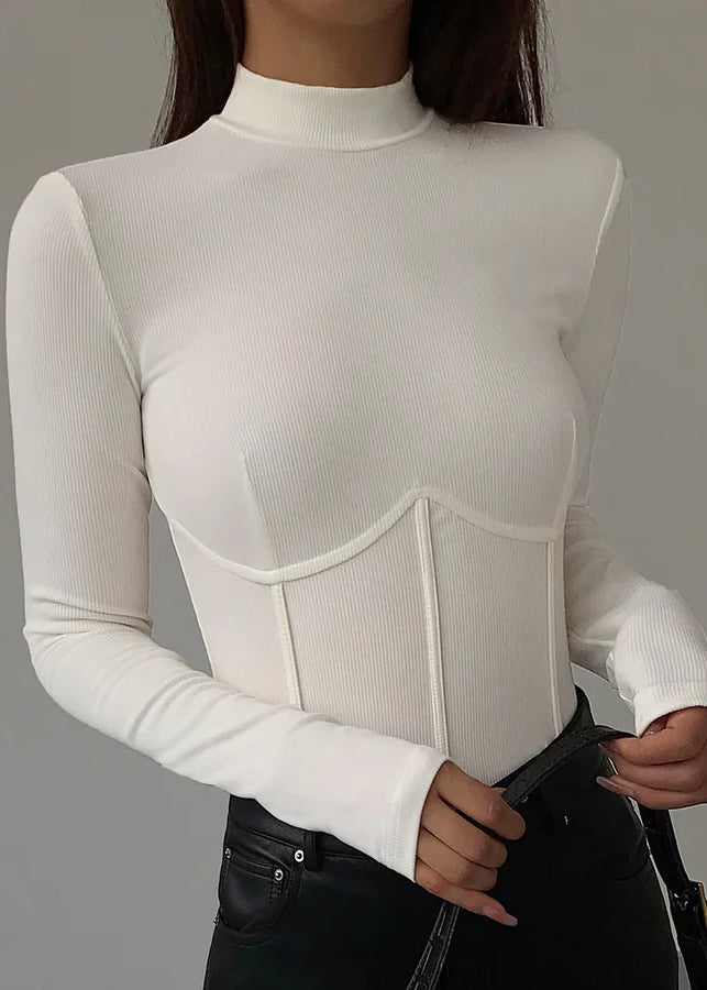 White Half Hign Neck Patchwork Slim Fit Cotton Top Spring