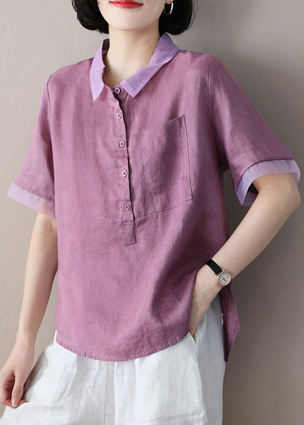 Purple Peter Pan Collar Patchwork Linen Shirt Tops Short Sleeve