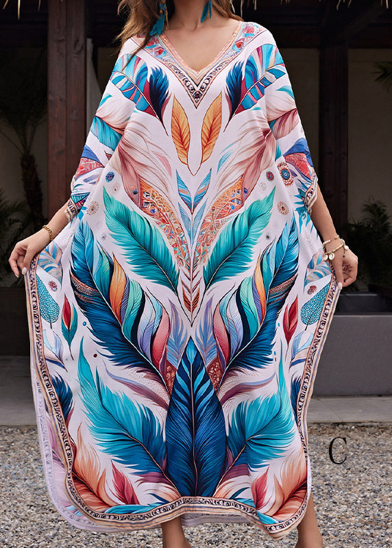 V Neck Print Side Open Cotton Long Dresses Summer