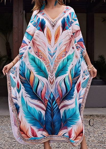 V Neck Print Side Open Cotton Long Dresses Summer