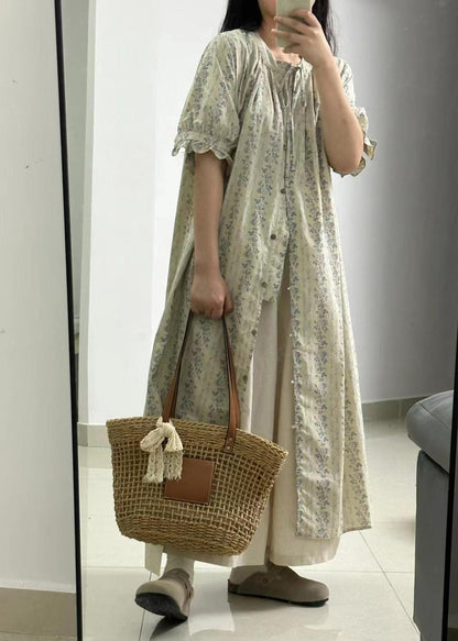 Light Green Print Button Long Dress and Skirts Two Piece Set Short Sleeve