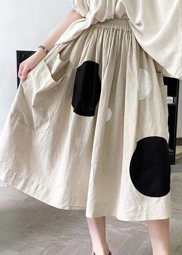 Handmade Khaki Dot Pockets Elastic Waist a Line Skirt Summer