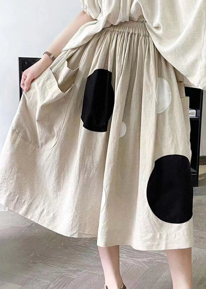 Handmade Khaki Dot Pockets Elastic Waist a Line Skirt Summer